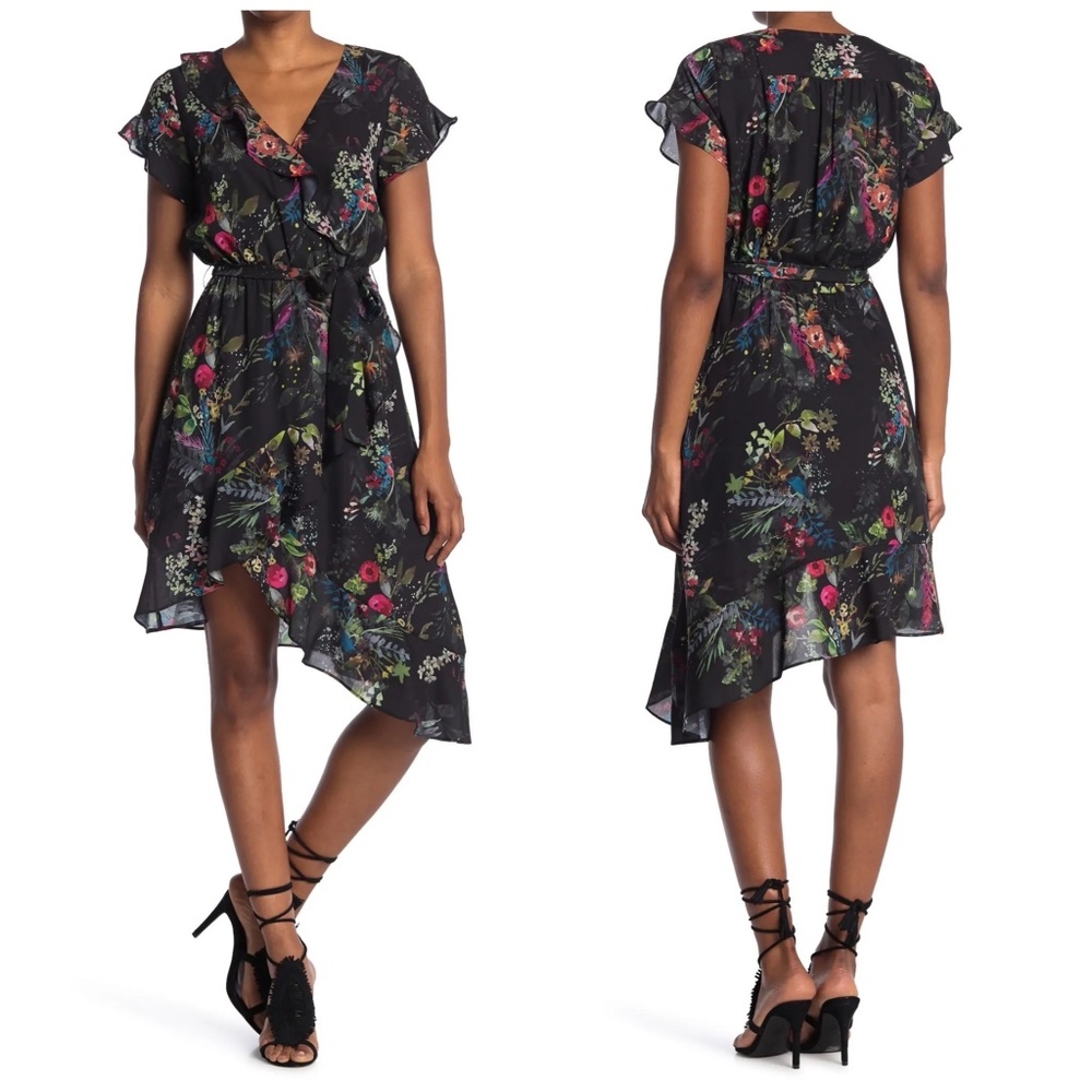 ✨NWT✨ PARKER Asymmetrical Hem Ruffle Detail Floral Print Dress in Black Alexia
